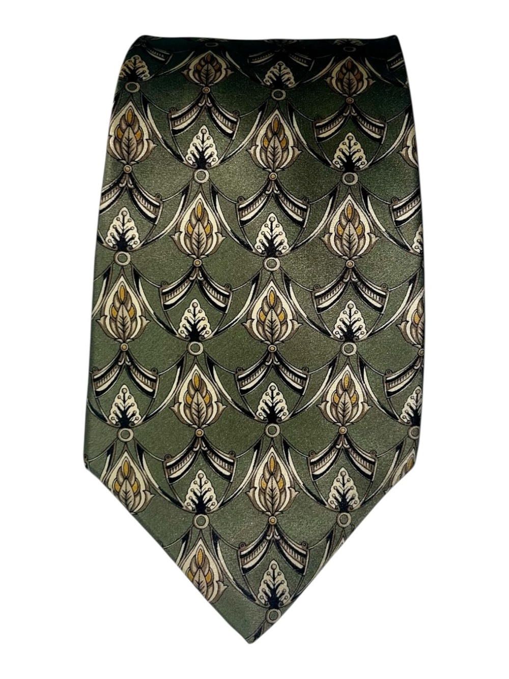Vintage Louis Feraud 100% Silk Necktie – Olive Green Art Deco & Baroque Motif